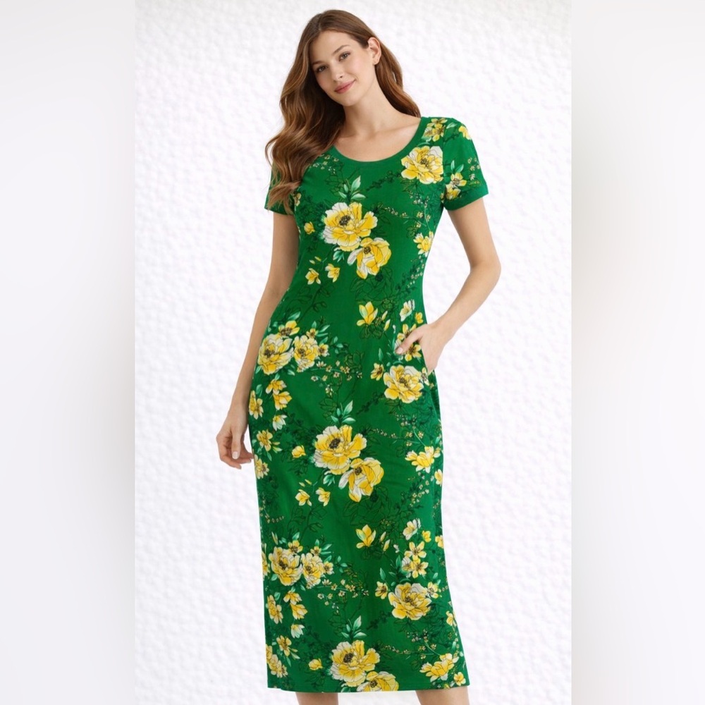 G.I.L.I. Green Midi Dress with Yellow Floral Design